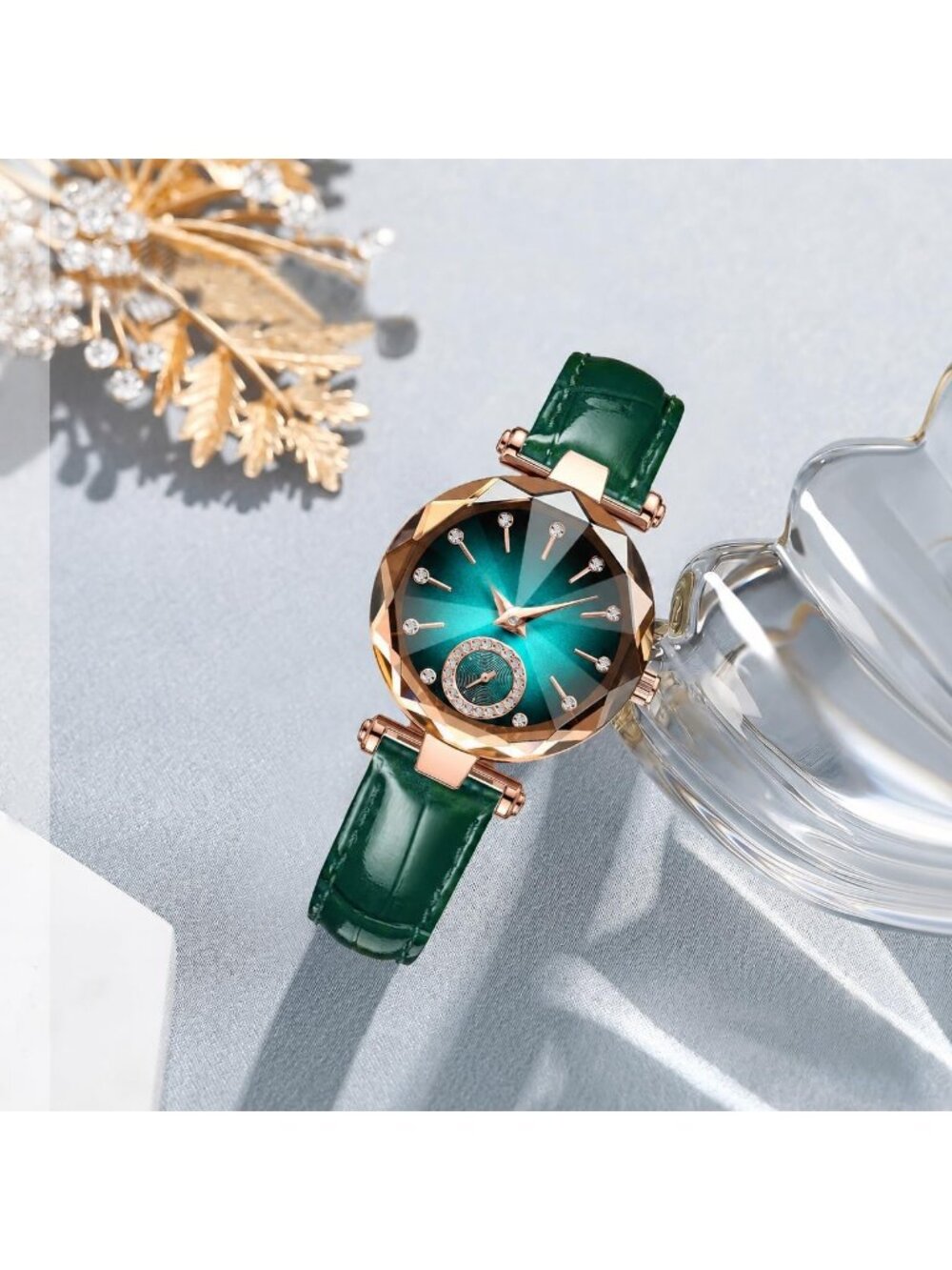 Women's Green Crystal Accents Dainty Dress Leather Strap Fashion Quartz Watches - Picture 4 of 6